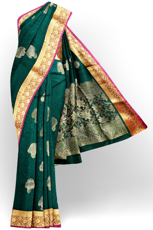 sri kumaran stores semi silk cotton saree dark green saree with golden red border 1