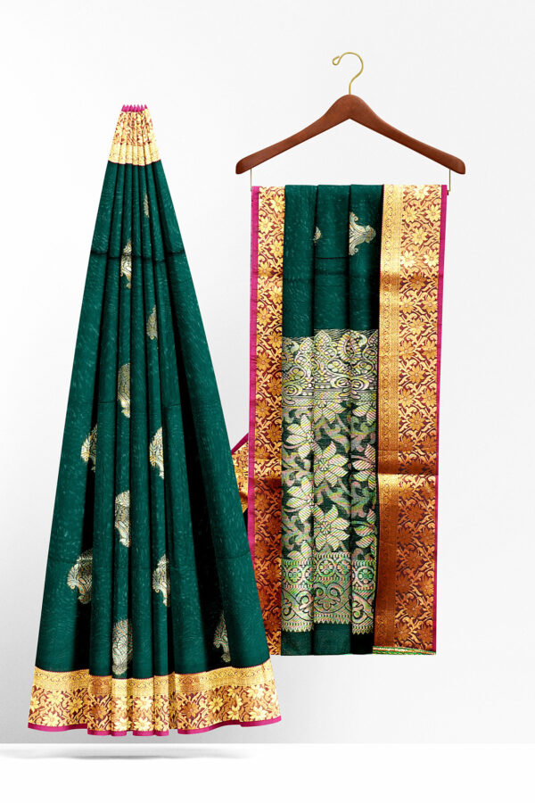 sri kumaran stores semi silk cotton saree dark green saree with golden red border 2