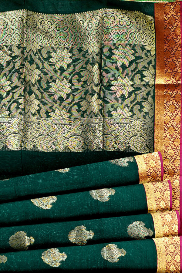 sri kumaran stores semi silk cotton saree dark green saree with golden red border 4