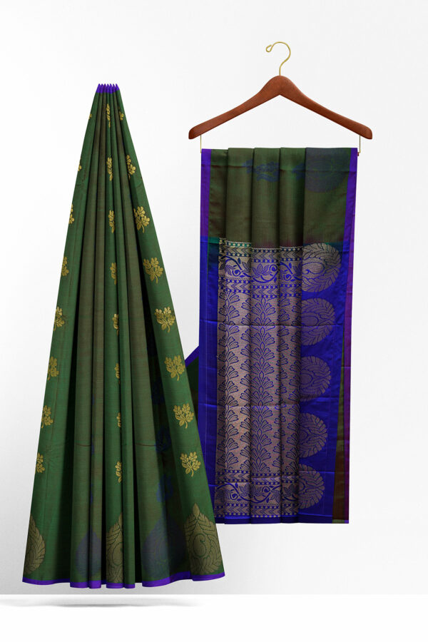 sri kumaran stores semi silk cotton saree dark green saree with purple border 2
