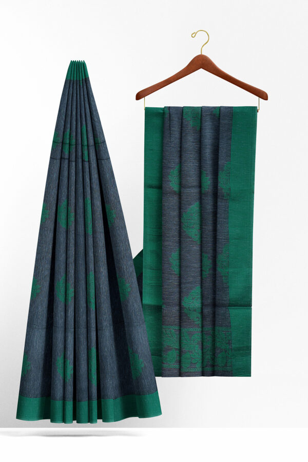 sri kumaran stores semi silk cotton saree dark grey saree with green border 2