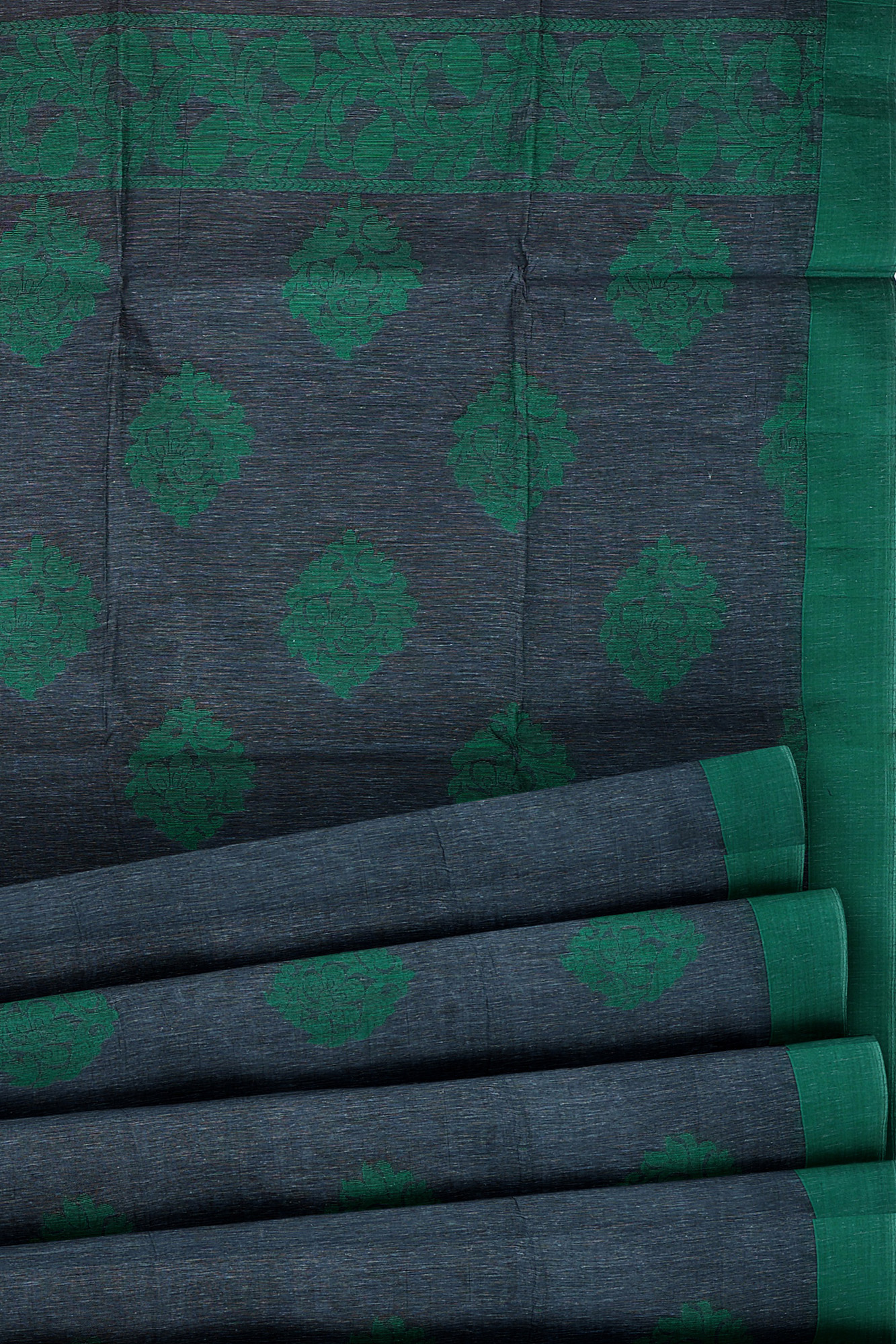 sri kumaran stores semi silk cotton saree dark grey saree with green border 4