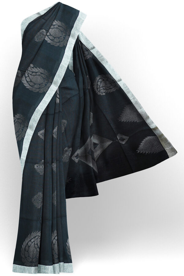 sri kumaran stores semi silk cotton saree dark grey saree with silver border 1
