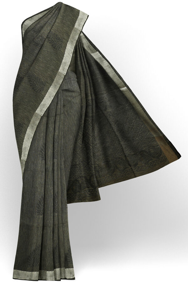 sri kumaran stores semi silk cotton saree dark grey saree with silver border 1 1