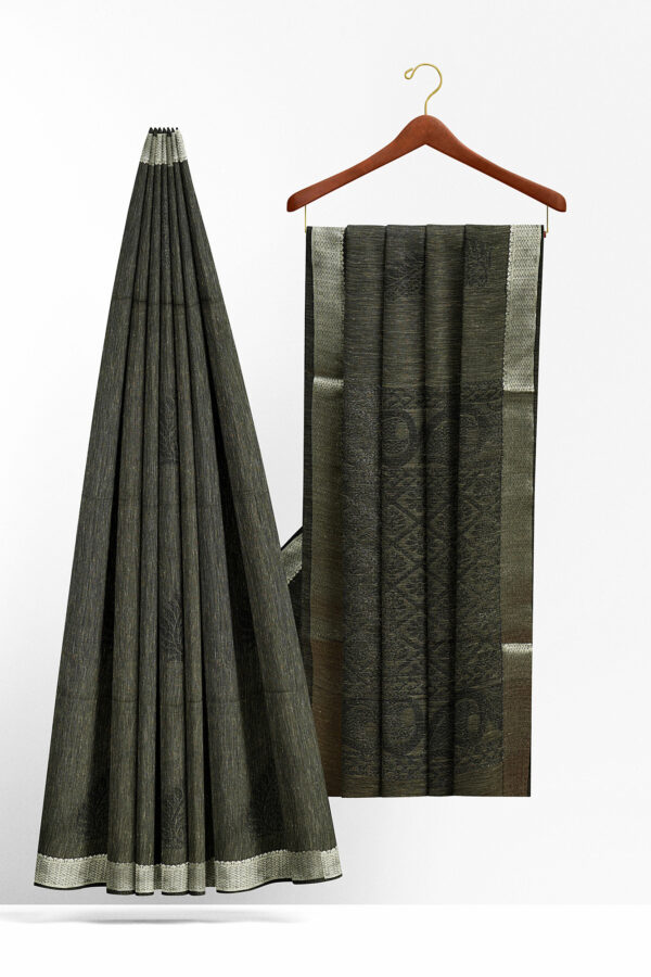 sri kumaran stores semi silk cotton saree dark grey saree with silver border 1 2