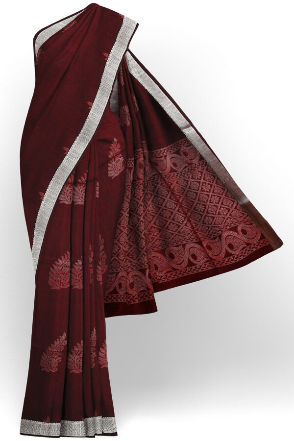 sri kumaran stores semi silk cotton saree dark maroon saree with silver black border 1