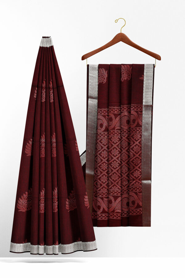 sri kumaran stores semi silk cotton saree dark maroon saree with silver black border 2