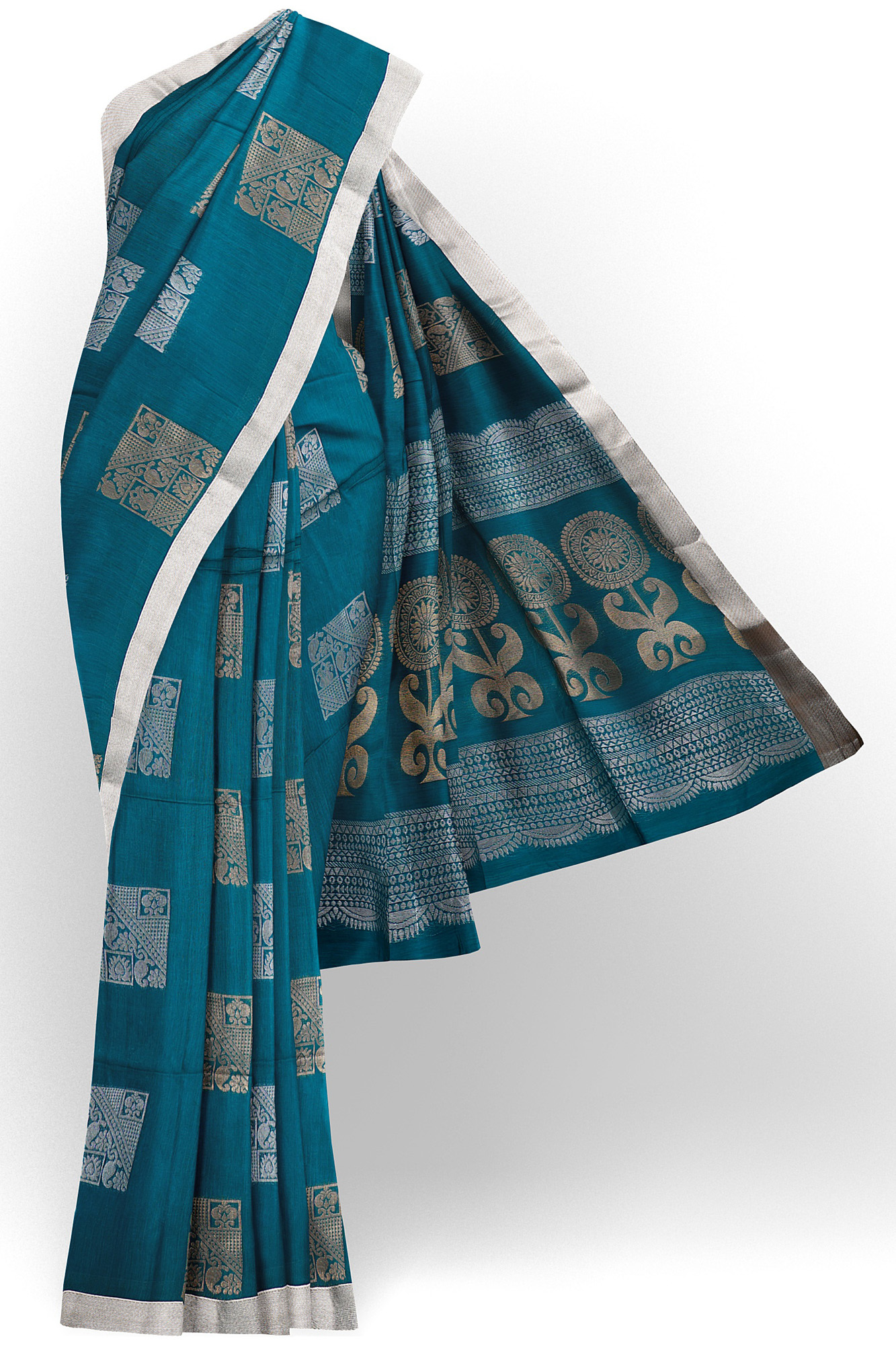 sri kumaran stores semi silk cotton saree dark turquoise blue saree with silver border 1
