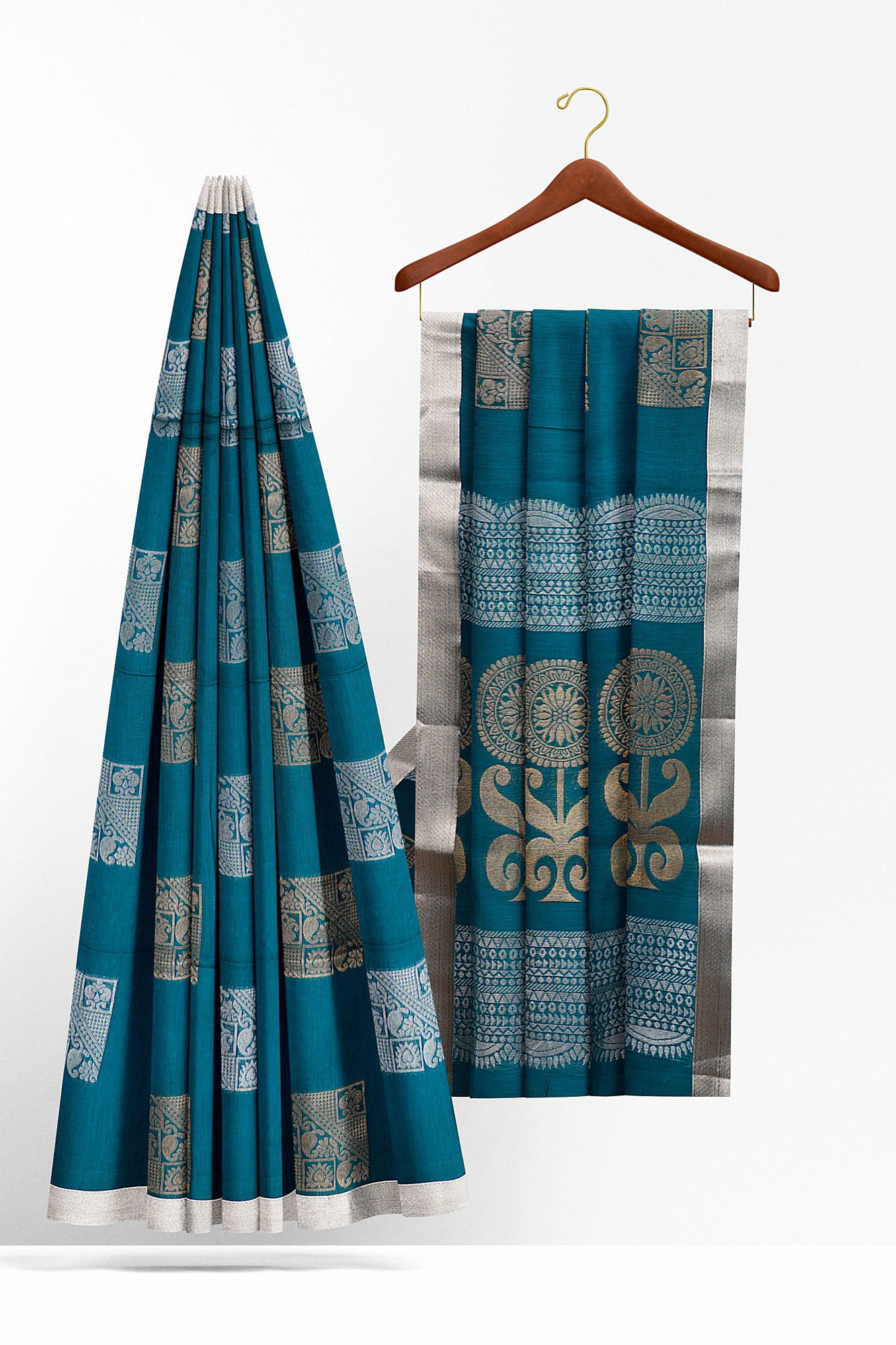 sri kumaran stores semi silk cotton saree dark turquoise blue saree with silver border 2
