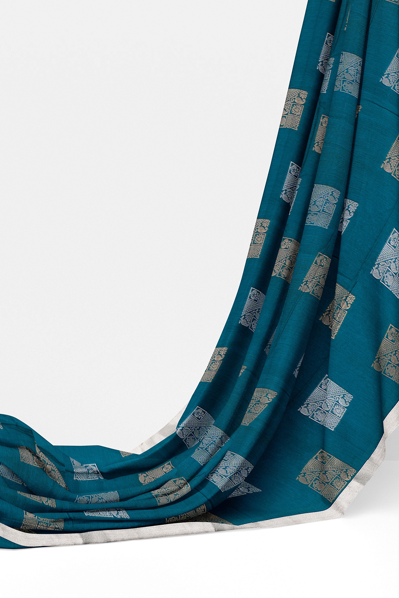 sri kumaran stores semi silk cotton saree dark turquoise blue saree with silver border 3