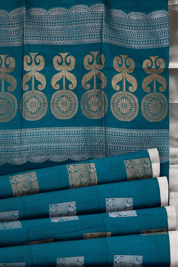 sri kumaran stores semi silk cotton saree dark turquoise blue saree with silver border 4