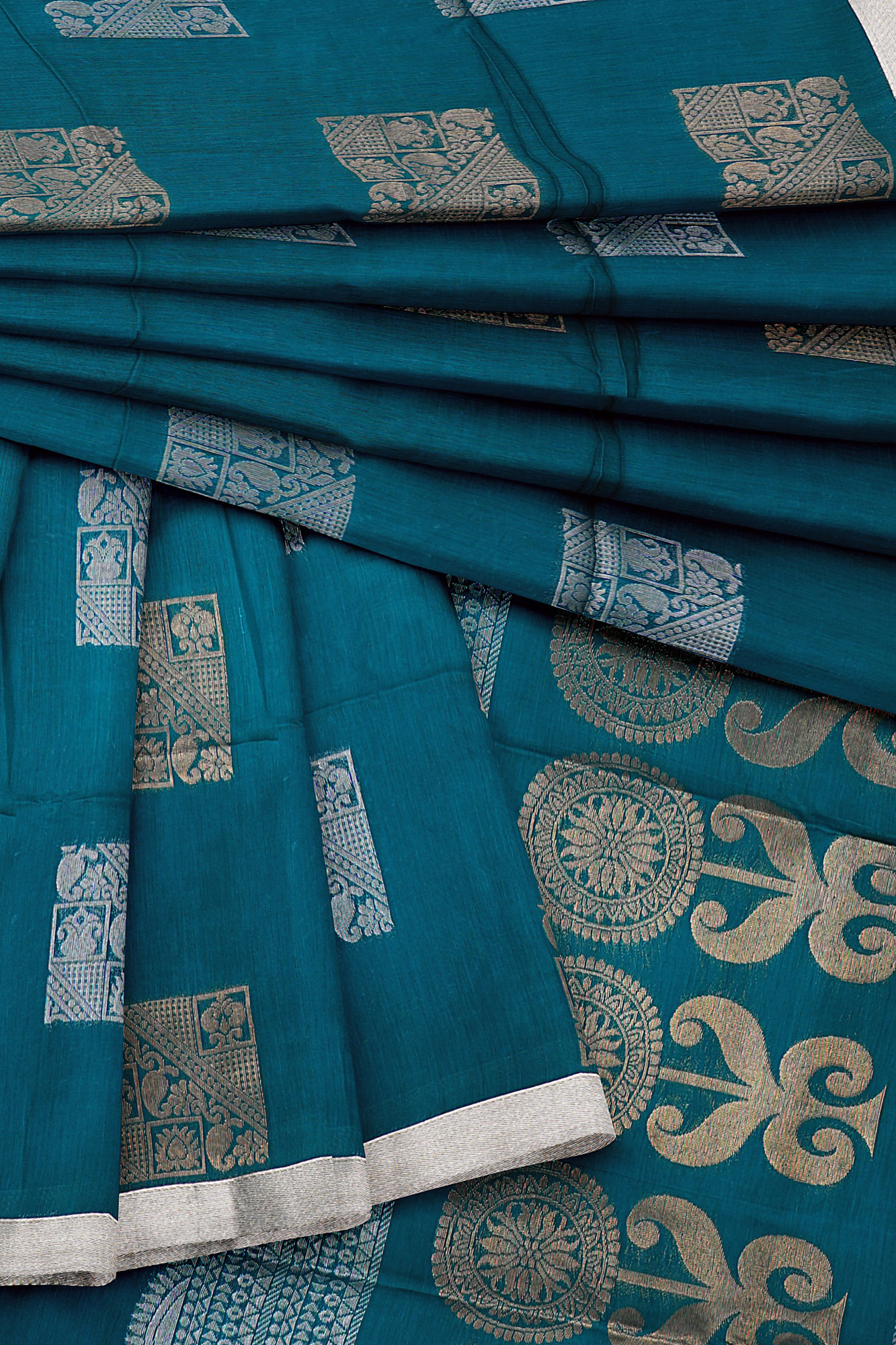sri kumaran stores semi silk cotton saree dark turquoise blue saree with silver border 5
