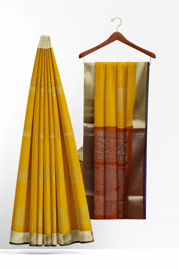 sri kumaran stores semi silk cotton saree golden yellow saree with golden border 2