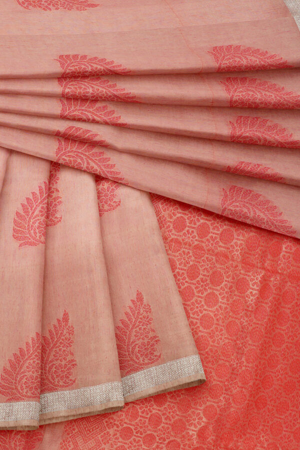 sri kumaran stores semi silk cotton saree light baby pink saree with silver border 1 5