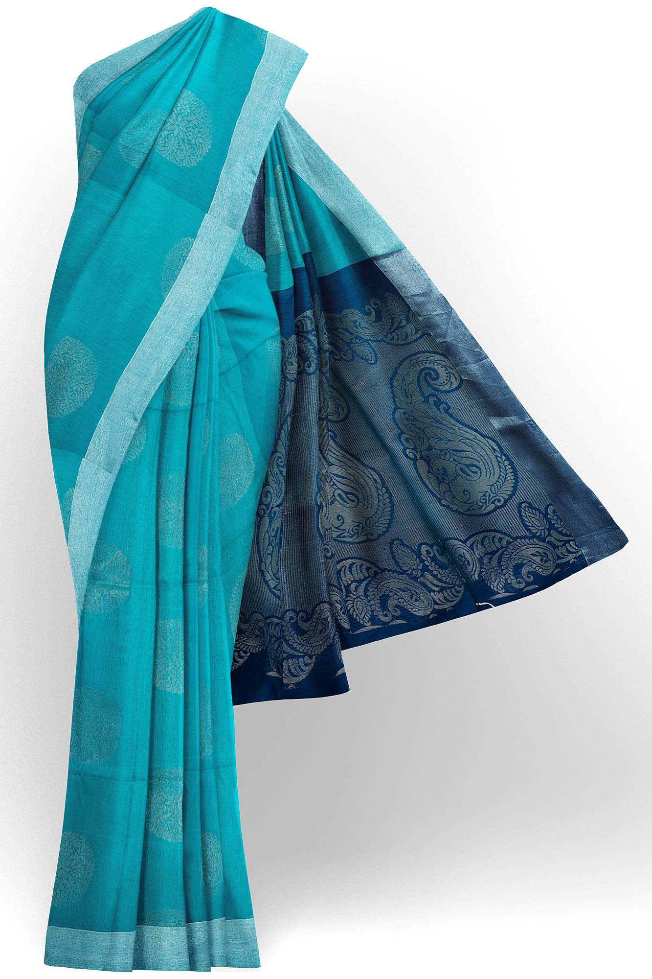 sri kumaran stores semi silk cotton saree light turquoise blue saree with silver border 1