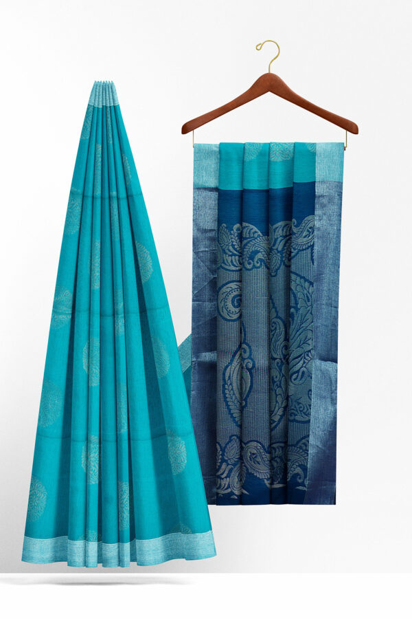 sri kumaran stores semi silk cotton saree light turquoise blue saree with silver border 2