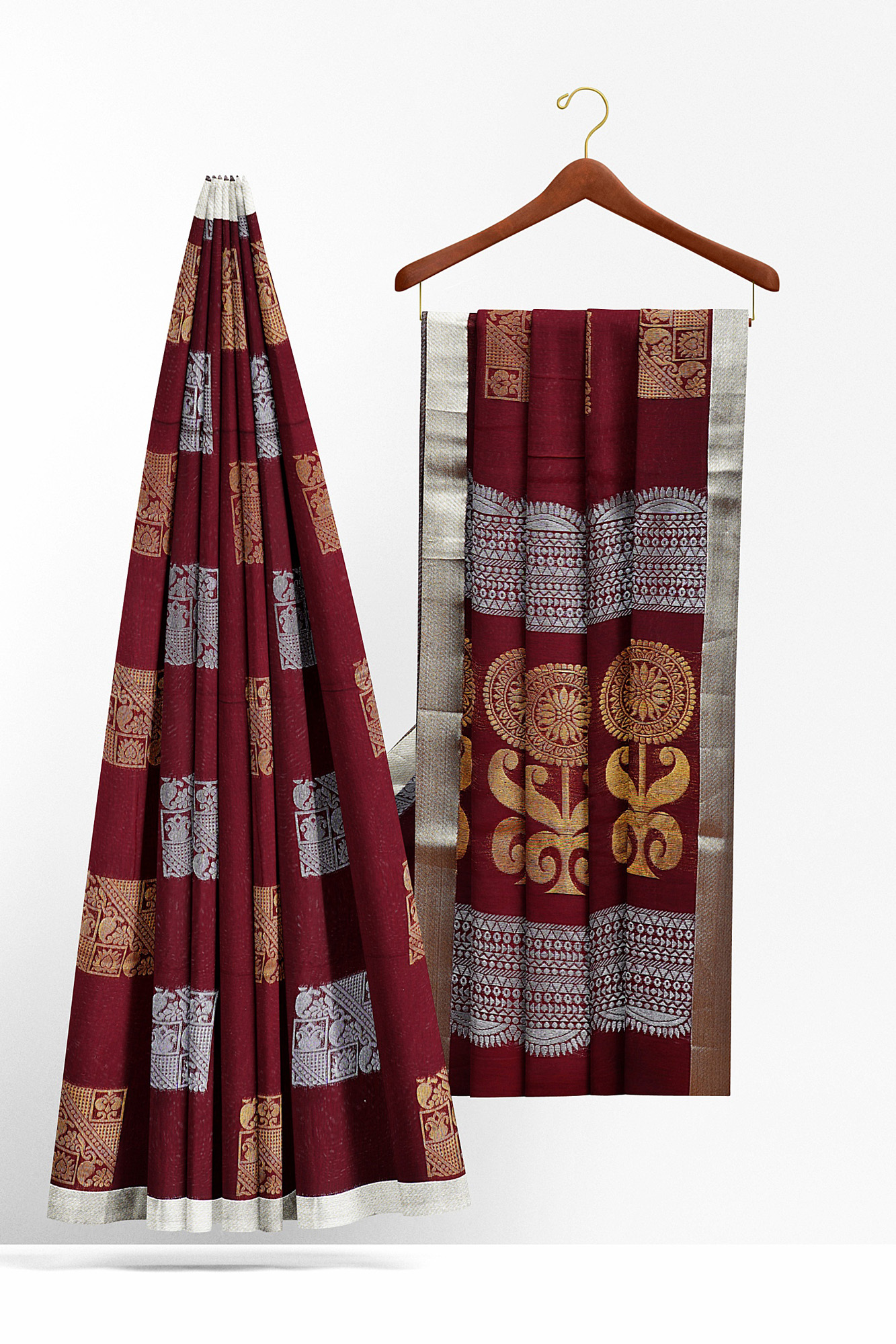 sri kumaran stores semi silk cotton saree maroon saree with silver border 2