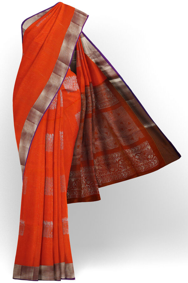 sri kumaran stores semi silk cotton saree neon orange saree with silver border 1