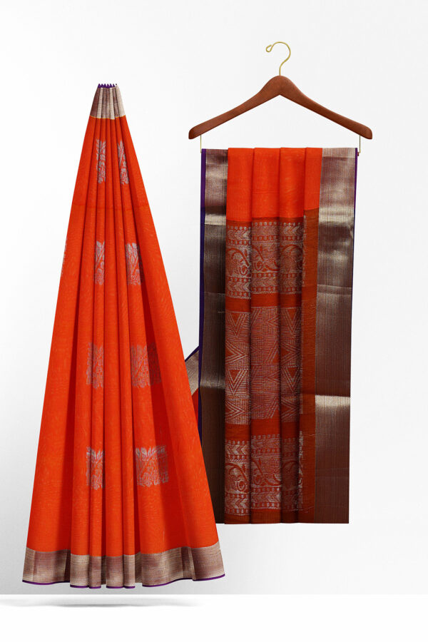 sri kumaran stores semi silk cotton saree neon orange saree with silver border 2
