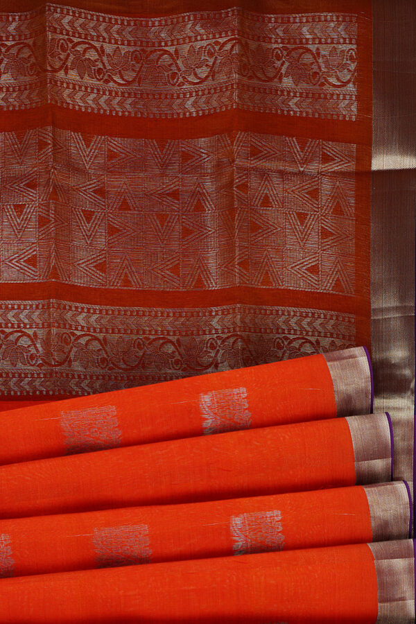 sri kumaran stores semi silk cotton saree neon orange saree with silver border 4