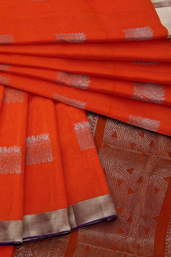 sri kumaran stores semi silk cotton saree neon orange saree with silver border 5