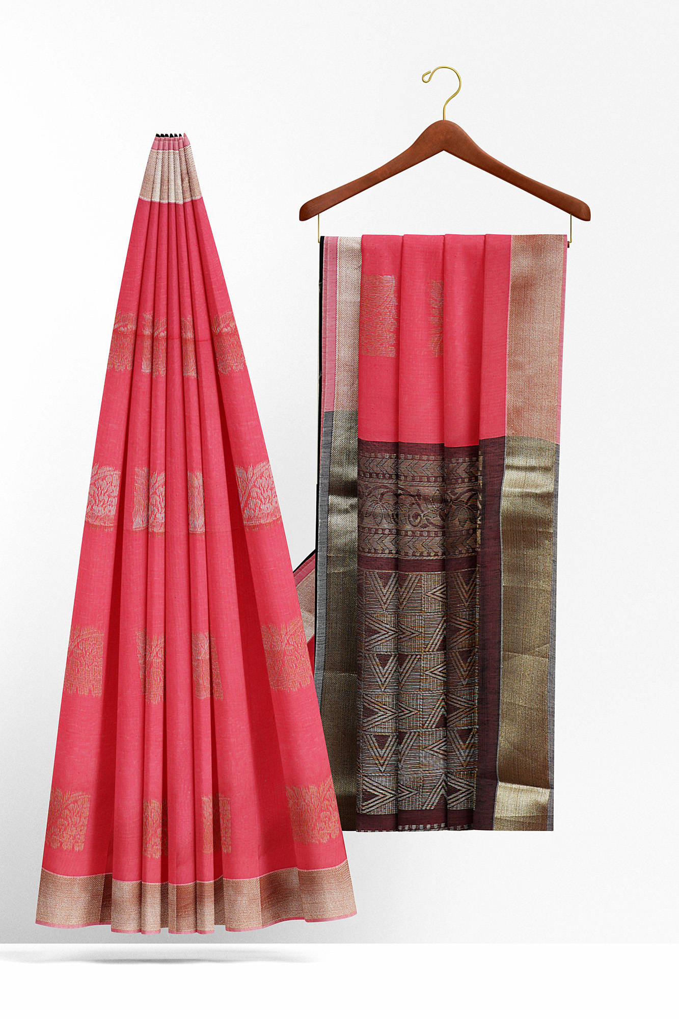 sri kumaran stores semi silk cotton saree neon pink saree with golden border 2