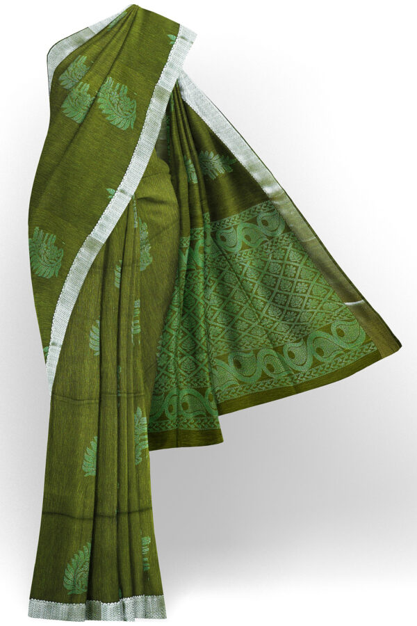 sri kumaran stores semi silk cotton saree olive green saree with silver border 1
