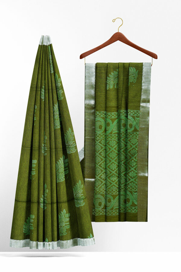 sri kumaran stores semi silk cotton saree olive green saree with silver border 2