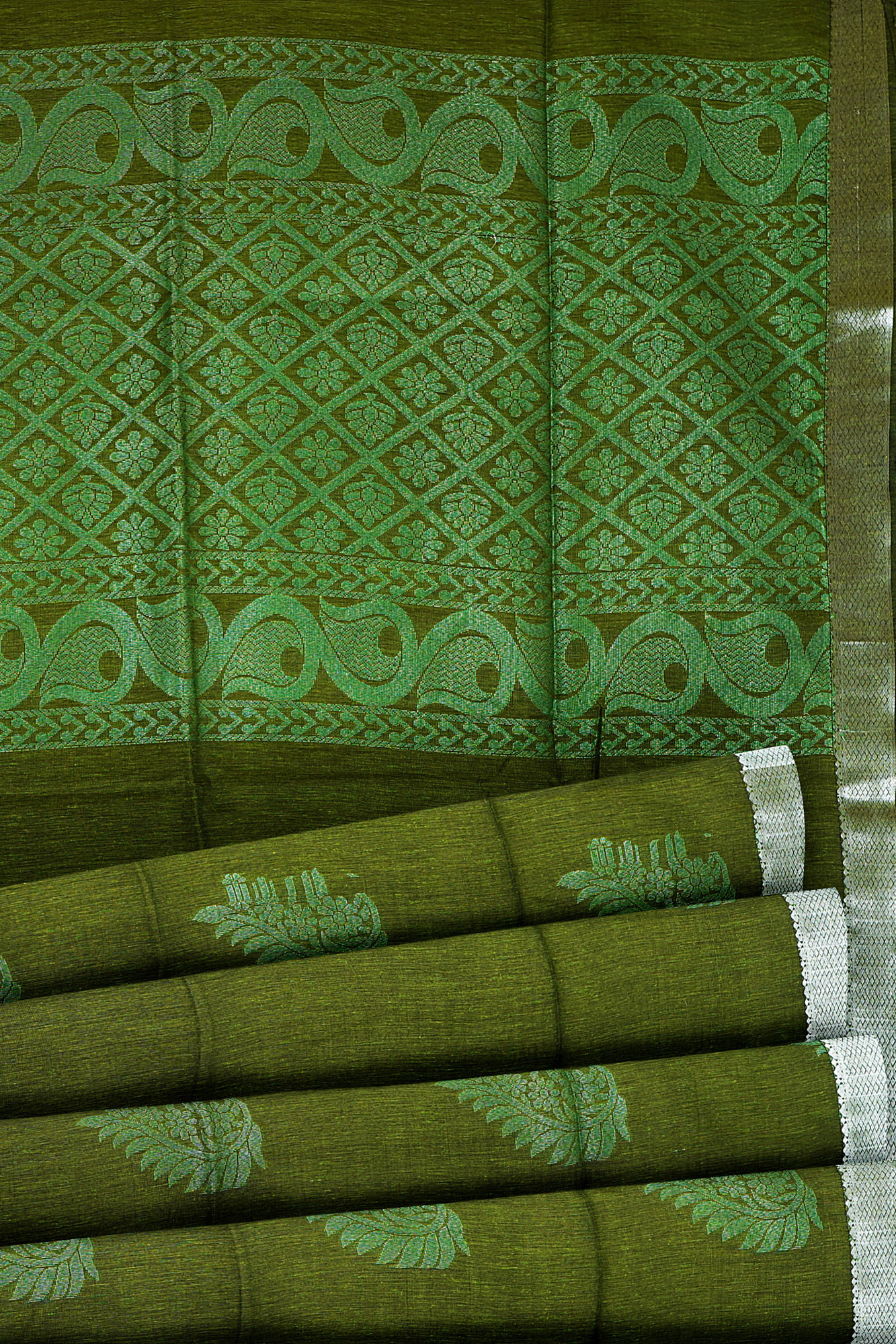 sri kumaran stores semi silk cotton saree olive green saree with silver border 4