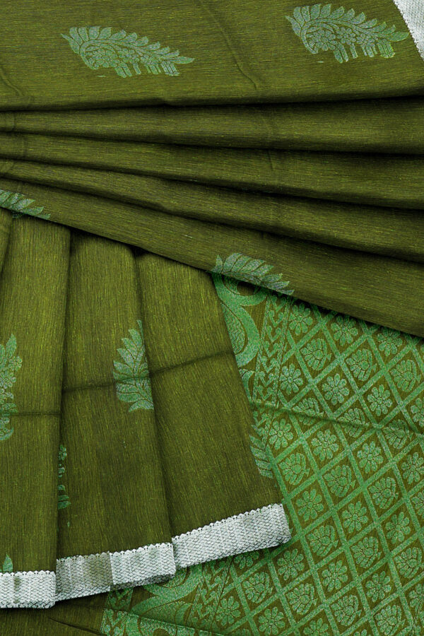 sri kumaran stores semi silk cotton saree olive green saree with silver border 5