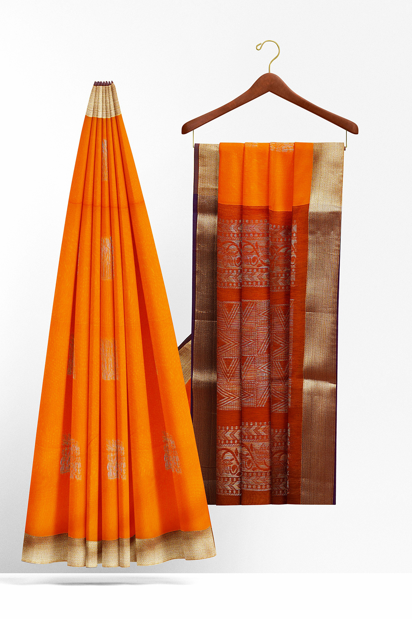 sri kumaran stores semi silk cotton saree orange saree with golden brown border 2