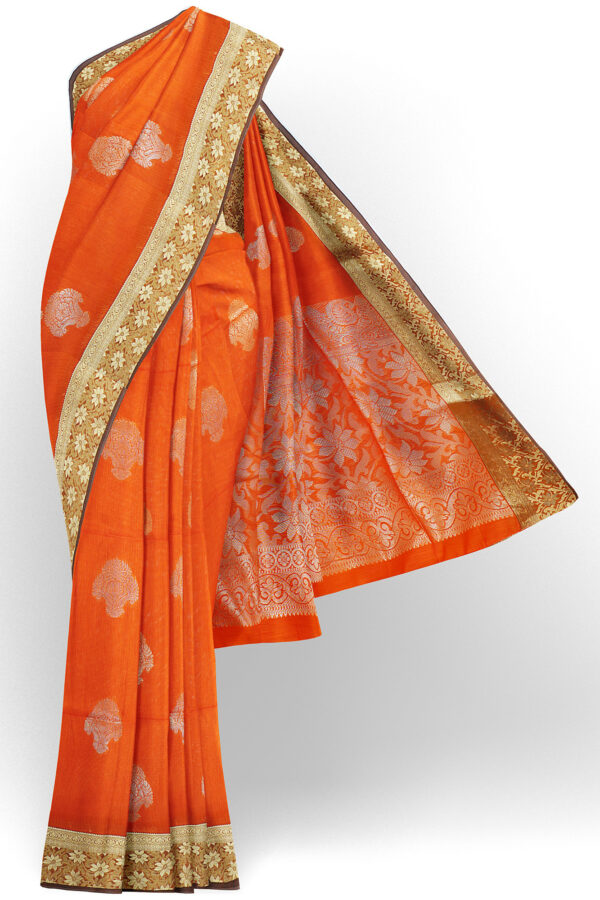 sri kumaran stores semi silk cotton saree orange saree with golden red border 1