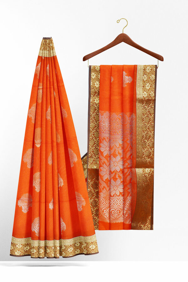sri kumaran stores semi silk cotton saree orange saree with golden red border 2
