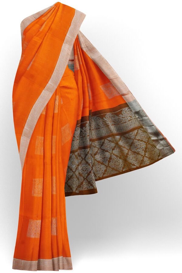 sri kumaran stores semi silk cotton saree orange saree with silver border 1