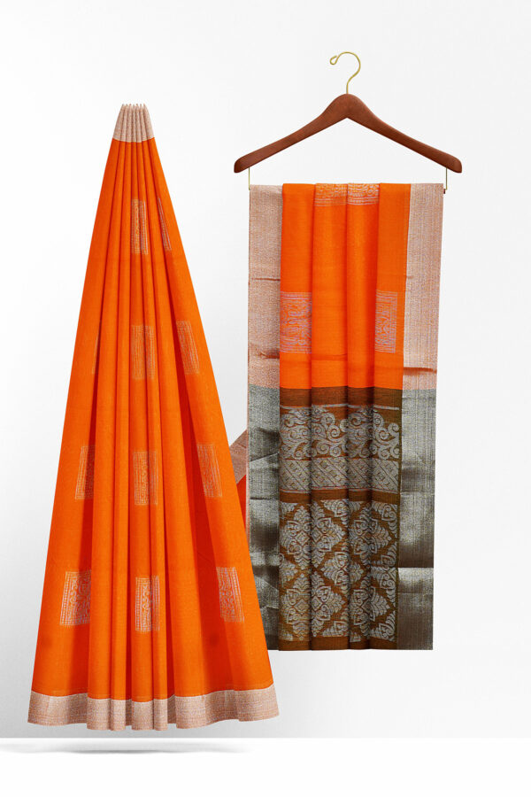 sri kumaran stores semi silk cotton saree orange saree with silver border 2