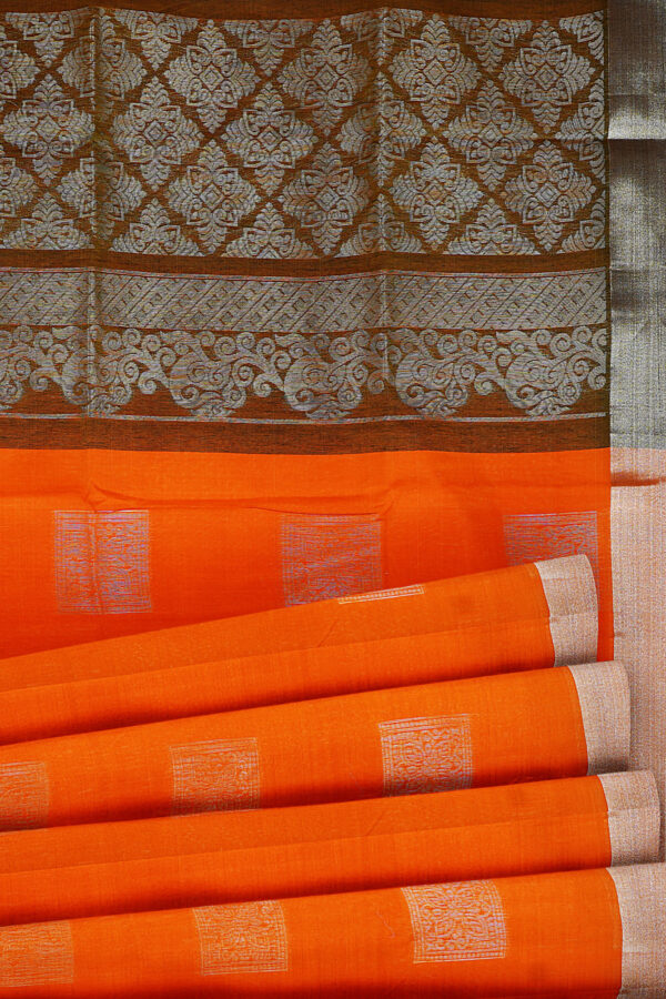 sri kumaran stores semi silk cotton saree orange saree with silver border 4