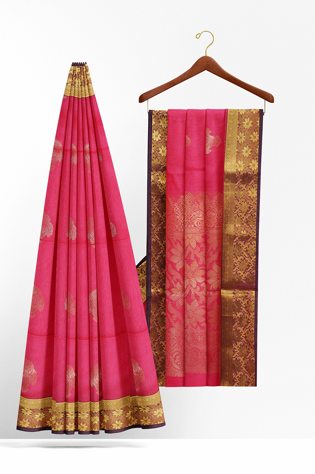 sri kumaran stores semi silk cotton saree pink saree with golden red border 2