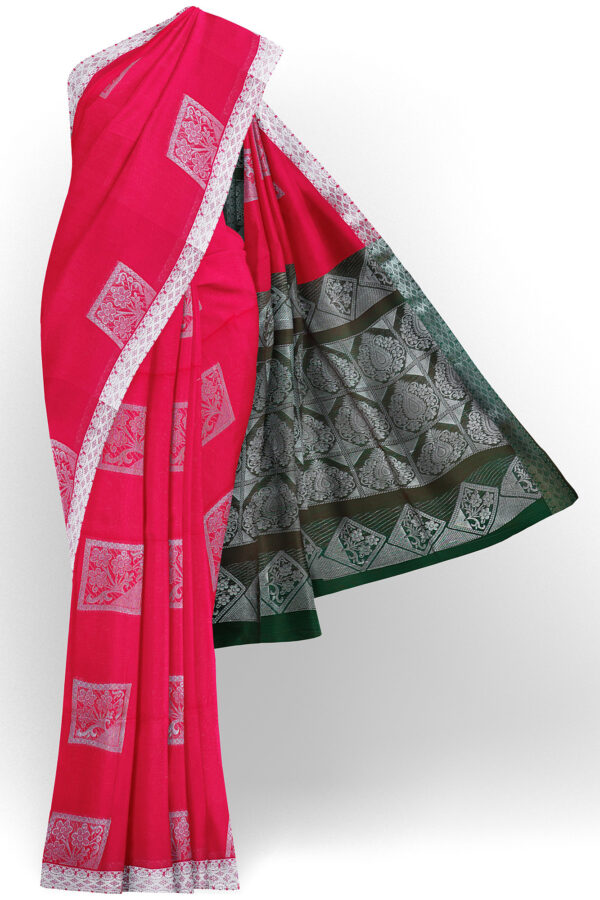 sri kumaran stores semi silk cotton saree pink saree with silver border 1
