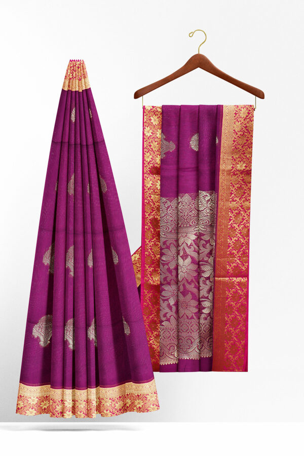 sri kumaran stores semi silk cotton saree purple saree with golden red border 2