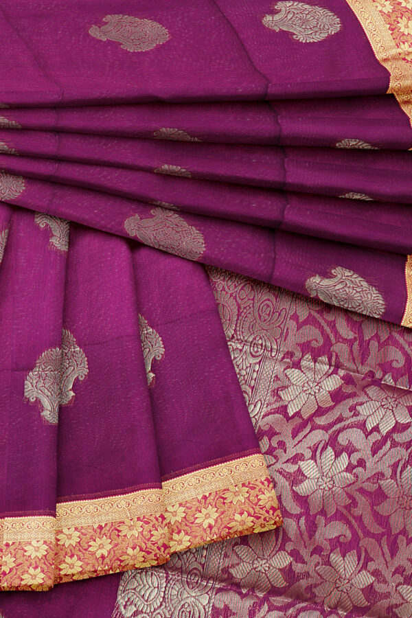 sri kumaran stores semi silk cotton saree purple saree with golden red border 5