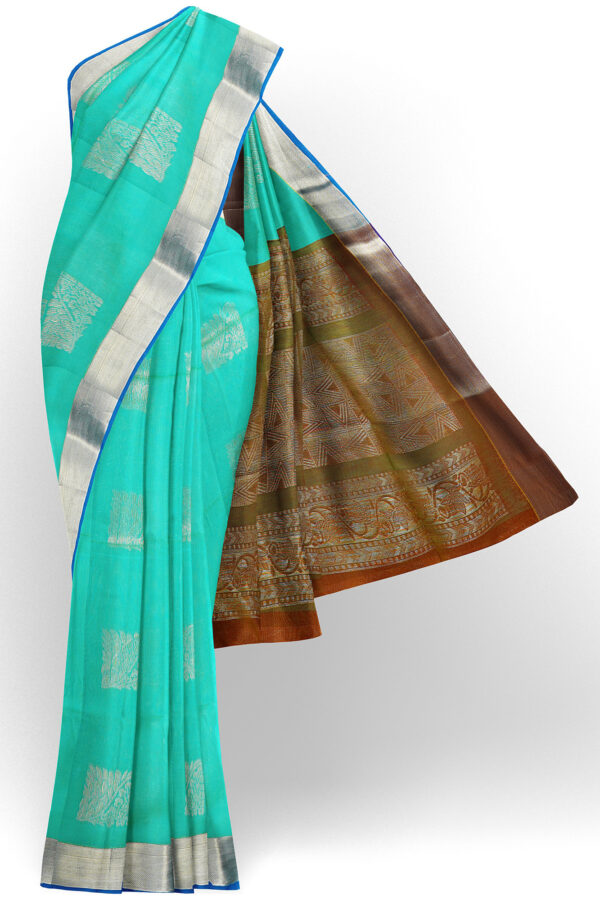 sri kumaran stores semi silk cotton saree turquoise blue saree with golden blue border 1