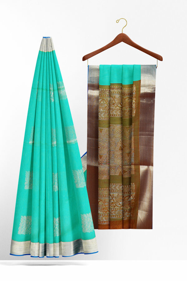 sri kumaran stores semi silk cotton saree turquoise blue saree with golden blue border 2
