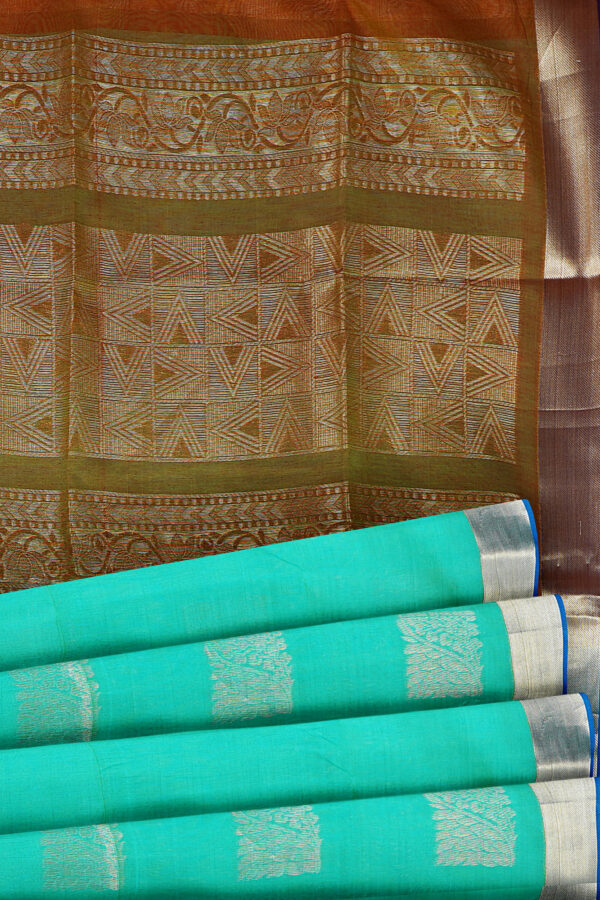 sri kumaran stores semi silk cotton saree turquoise blue saree with golden blue border 4