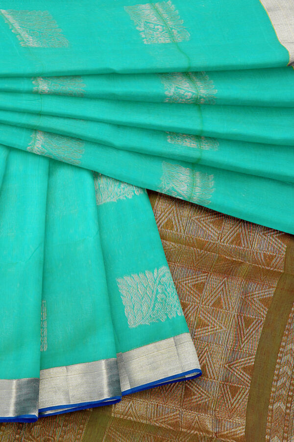 sri kumaran stores semi silk cotton saree turquoise blue saree with golden blue border 5