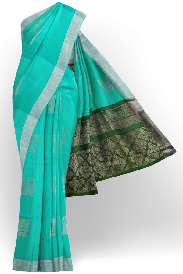 sri kumaran stores semi silk cotton saree turquoise blue saree with silver border 1
