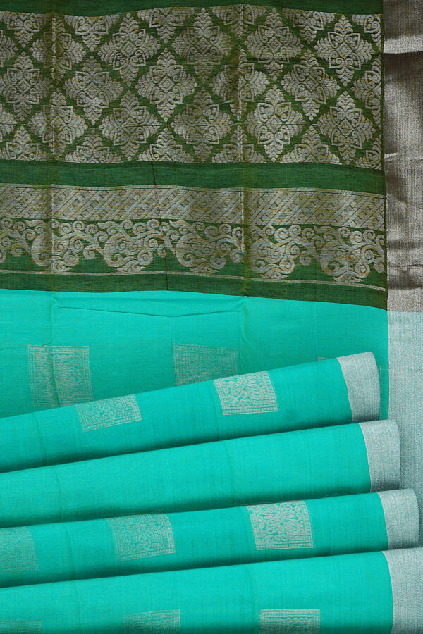 sri kumaran stores semi silk cotton saree turquoise blue saree with silver border 4