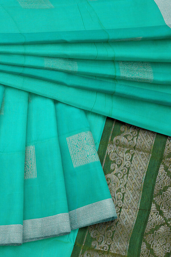 sri kumaran stores semi silk cotton saree turquoise blue saree with silver border 5