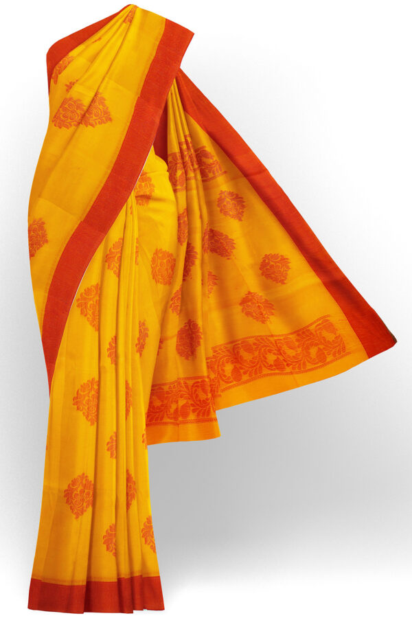 sri kumaran stores semi silk cotton saree yellow saree with red border 1