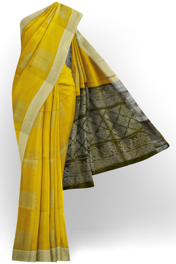 sri kumaran stores semi silk cotton saree yellow saree with silver border 1