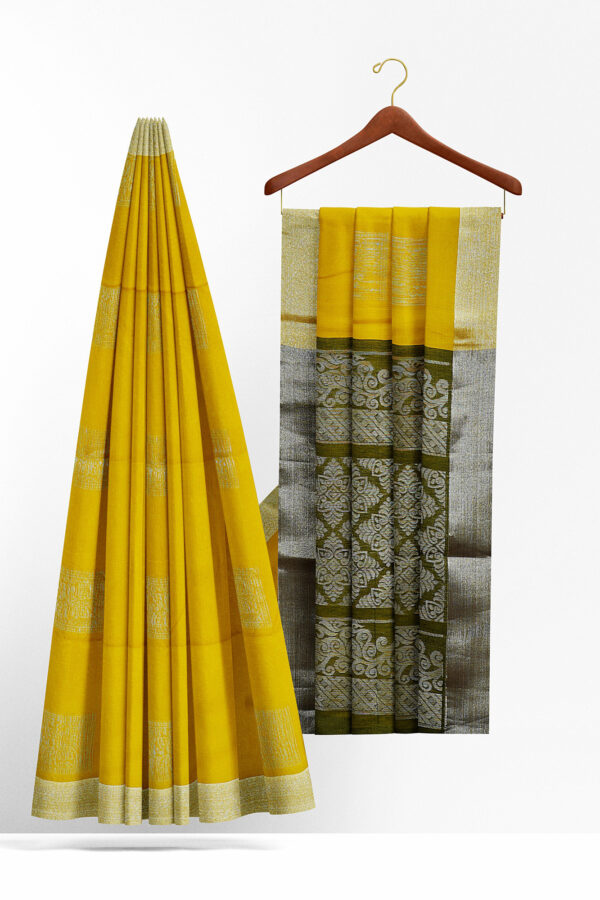 sri kumaran stores semi silk cotton saree yellow saree with silver border 2